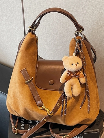 Women Large Suede Tote Bag Vintage Leopard Print Patchwork Shoulder Bag With Plush Bear Charm Travel Daily Handbag