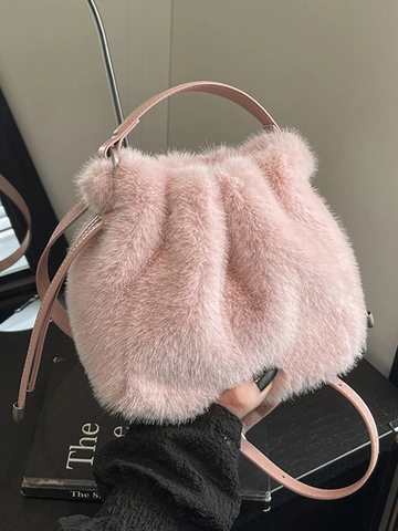 Faux Fur Emmer Tas Dames Pluche Trekkoord Schoudertas Met Konijn Bedeltje Handtas Kleine Crossbody Tas Voor Herfst Winter