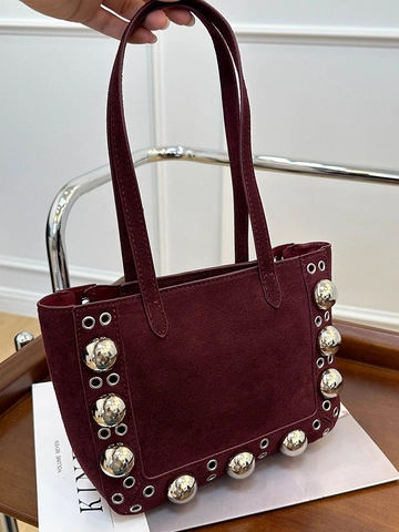 Borsa Sottobraccio in Camoscio Vintage per Donna Grandi Borchie Argentate Occhielli Borsa a Tracolla Retro Chic Tote a Mano
