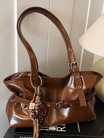Borsa a Spalla in Pelle PU Lucida da Donna Minimalista Urbano Borsa Tote Pieghettata Sottobraccio Con Fibbie Grande Capacità