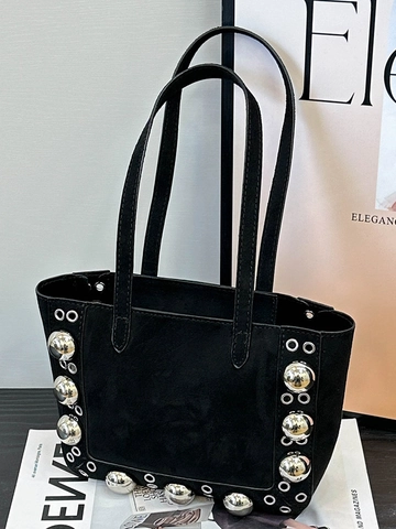 Borsa Sottobraccio in Camoscio Vintage per Donna Grandi Borchie Argentate Occhielli Borsa a Tracolla Retro Chic Tote a Mano