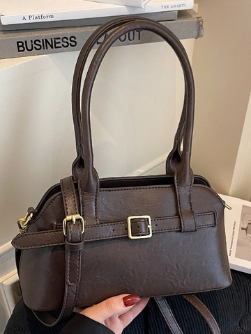 Women Vintage PU Leather Shoulder Bag Retro Underarm Bag With Belt Buckle Large Capacity Simple Casual Commute Handbag Solid Color Elegant Tote Bag