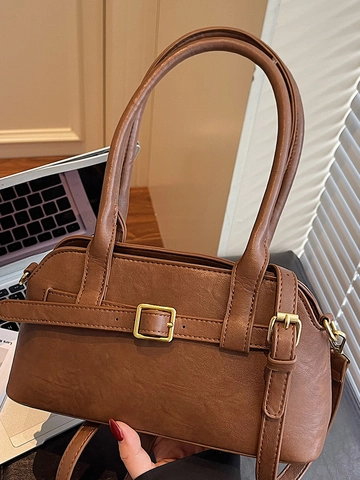 Women Vintage PU Leather Shoulder Bag Retro Underarm Bag With Belt Buckle Large Capacity Simple Casual Commute Handbag Solid Color Elegant Tote Bag