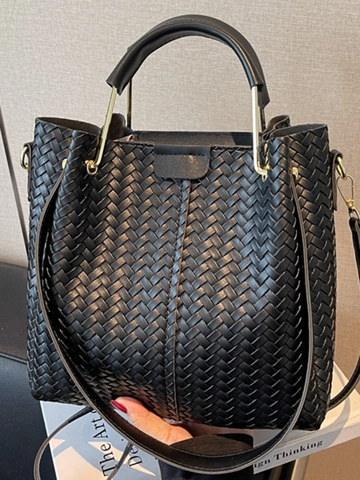Damen Urban Einfache PU Leder Geflochtene Eimertasche Große Kapazität Umhängetasche Trendy Ins Stil Handtasche Pendeln Tote