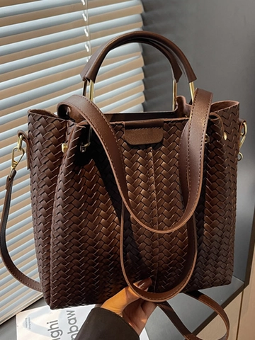 Damen Urban Einfache PU Leder Geflochtene Eimertasche Große Kapazität Umhängetasche Trendy Ins Stil Handtasche Pendeln Tote