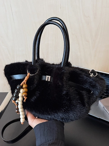 Women Fashion Plush Bucket Bag Fluffy Pleated Shoulder Bag Winter Faux Fur Handbag Crossbody Bag With Beaded Charm