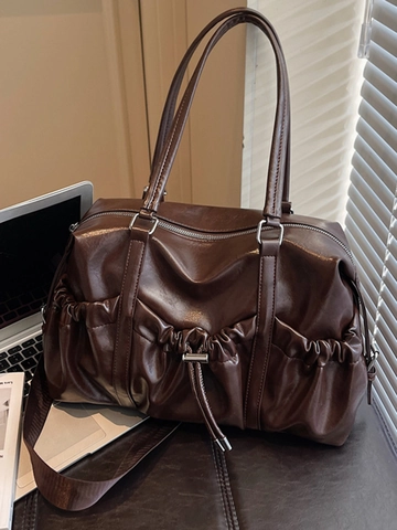 Vintage Large Capacity PU Leather Pleated Shoulder Bag For Women Ruched Underarm Tote Bag Elegant Drawstring Handbag For Daily