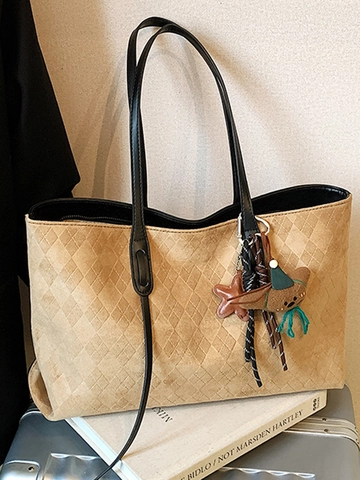 Borsa Tote Grande Capacità con Motivo a Rombi e Ciondolo a Orsetto Borsa a Spalla in Pelle PU Retro per Lavoro Scuola Donna