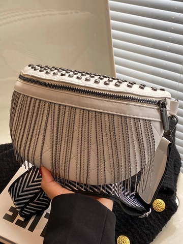 Women Fashion Quilted PU Leather Shoulder Bag With Rivets And Metal Chain Tassel Wide Strap Crossbody Chest Waist Bag Fashion