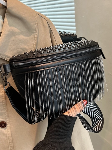 Women Fashion Quilted PU Leather Shoulder Bag With Rivets And Metal Chain Tassel Wide Strap Crossbody Chest Waist Bag Fashion