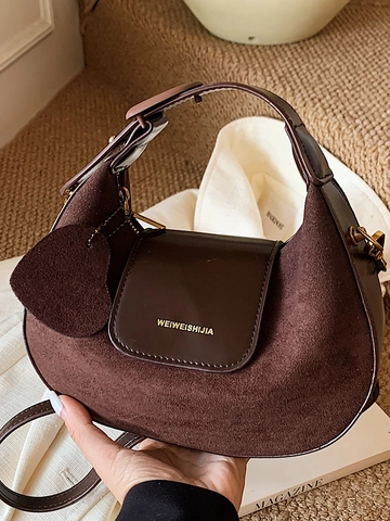 Retro Dames Schoudertas Suède Patchwork Vintage Halve Maan Hobo Okseltas Minimalistisch Woon-Werkverkeer Tas Hart Hanger