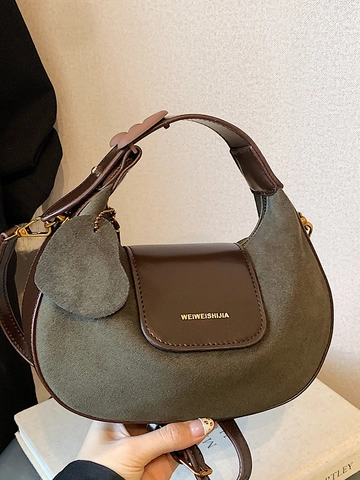 Retro Dames Schoudertas Suède Patchwork Vintage Halve Maan Hobo Okseltas Minimalistisch Woon-Werkverkeer Tas Hart Hanger