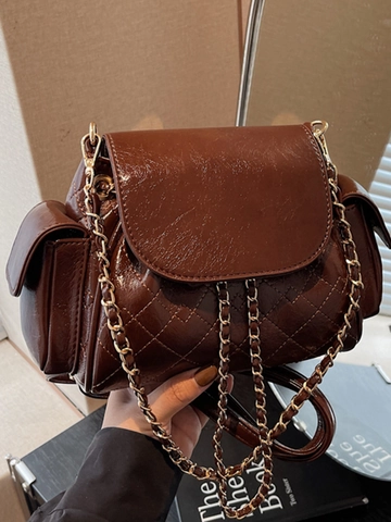Vintage Quilted Rhombic Chain Shoulder Bag For Women PU Leather Underarm Bag With Side Pockets Crossbody Bag Fashion Daily Purse