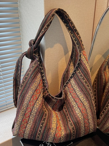 Borsa Tote in Tela Etnica Bohémien da Donna Grande Capacità Tessuta Motivo Geometrico Borsa a Tracolla Retrò Hobo Con Tracolla Annodata