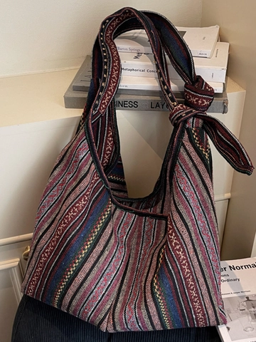 Borsa Tote in Tela Etnica Bohémien da Donna Grande Capacità Tessuta Motivo Geometrico Borsa a Tracolla Retrò Hobo Con Tracolla Annodata