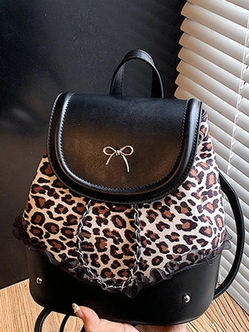 Zaino Donna Moda Stampa Leopardata in Pelle PU Patchwork Borsa a Secchiello Fiocco Catena Metallo Pizzo Grande Capacità Casual