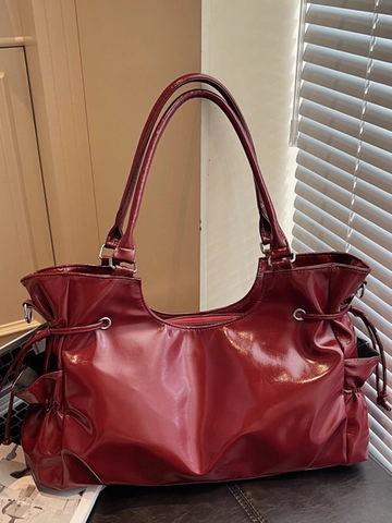 Retro Glänzende PU Leder Schultertasche Für Damen Große Kapazität Kordelzug Tote Y2K Moto Stil Achseltasche Alltag Pendeln