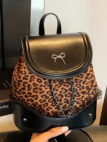 Zaino Donna Moda Stampa Leopardata in Pelle PU Patchwork Borsa a Secchiello Fiocco Catena Metallo Pizzo Grande Capacità Casual