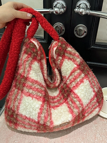 Borsa Sottobraccio in Lana a Scacchi da Donna di Grande Capacità Moda Casual Morbida Borsa Tote in Peluche Sherpa Handbag a Spalla Minimalista Urbana