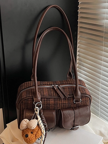 Borsa a Tracolla Vintage Plaid in Lana Pelle PU Giuntura Donna Sottobraccio Con Doppie Tasche Anteriori Stile Britannico
