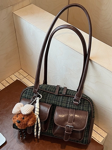 Borsa a Tracolla Vintage Plaid in Lana Pelle PU Giuntura Donna Sottobraccio Con Doppie Tasche Anteriori Stile Britannico