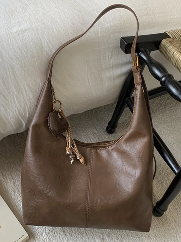 Retro Große Kapazität Damen Hobo Umhängetasche Minimalistische PU Leder Tote Tasche Mit Vintage Herz Quasten Anhänger
