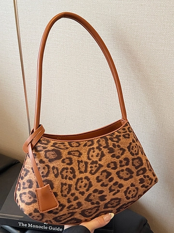 Vintage Leopard Print Suede Shoulder Bag For Women Minimalist Patchwork Underarm Bag Daily Casual Versatile Handbag