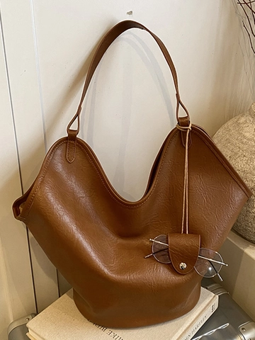 Borsa Tote da Donna in Pelle PU Retrò Grande Capacità Semplice Minimalista Handbag da Ufficio Pendolare Con Ciondolo a Cuore