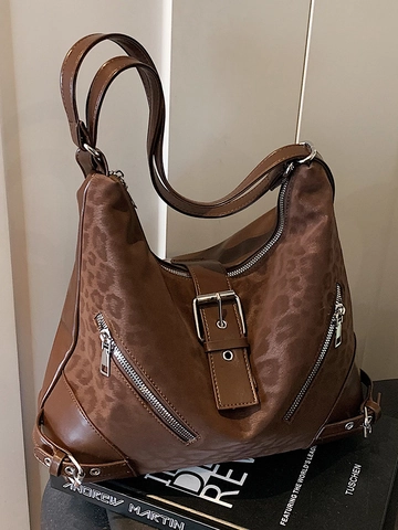 Vintage Leopard PU Leather Shoulder Bag For Women Retro Hobo Tote Backpack With Zipper Buckle For Commuting Travel Fashion
