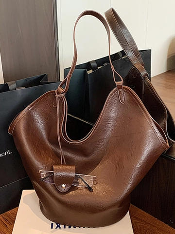 Borsa Tote da Donna in Pelle PU Retrò Grande Capacità Semplice Minimalista Handbag da Ufficio Pendolare Con Ciondolo a Cuore