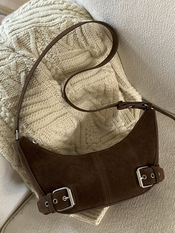 Retro Faux Suede PU Moon Bag For Women Minimalist Underarm Shoulder Bag With Metal Buckle Adjustable Strap Retro Hobo Bag