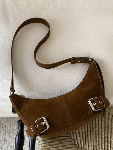 Retro Faux Suede PU Moon Bag For Women Minimalist Underarm Shoulder Bag With Metal Buckle Adjustable Strap Retro Hobo Bag