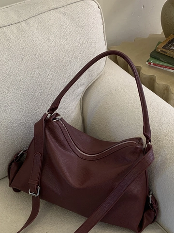 Bolso de Hombro de Cuero PU de Gran Capacidad para Mujer Bolso Bandolera con Textura de Lichi Bolso de Mano de Color Sólido