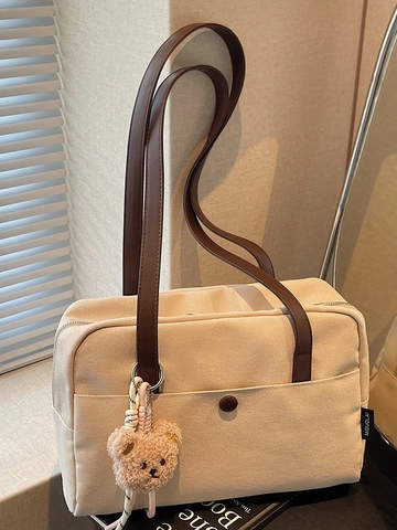 Minimalist Canvas Tote Bag For Women With PU Leather Straps Bear Pendant Large Capacity Shoulder Bag Casual Commuter Top Handle Bag