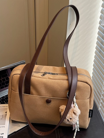 Minimalist Canvas Tote Bag For Women With PU Leather Straps Bear Pendant Large Capacity Shoulder Bag Casual Commuter Top Handle Bag