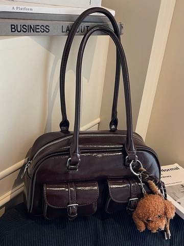 Bolso de Hombro Boston de Cuero PU Vintage para Mujer Bolso de Axila Retro Forma de Almohada Bolso de Mano con Colgante de Perro