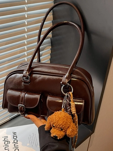 Bolso de Hombro Boston de Cuero PU Vintage para Mujer Bolso de Axila Retro Forma de Almohada Bolso de Mano con Colgante de Perro
