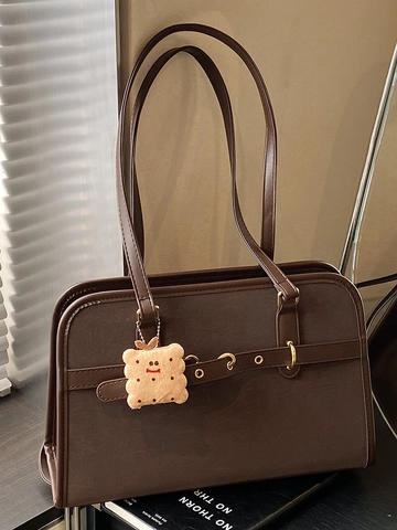 Retro Grote Capaciteit PU Lederen Schoudertas Voor Dames Nieuwe Mode Minimalistische Woon-werkverkeer Tote Tas Met Pluche Bedeltje