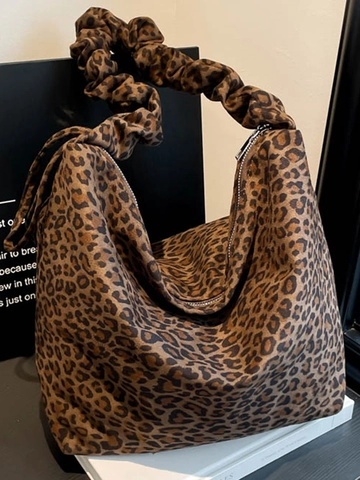 Women Leopard Print Ruched Strap Shoulder Bag Large Capacity PU Hobo Tote Bag Fashion Casual Office Slouchy Handbag