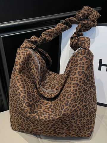Women Leopard Print Ruched Strap Shoulder Bag Large Capacity PU Hobo Tote Bag Fashion Casual Office Slouchy Handbag