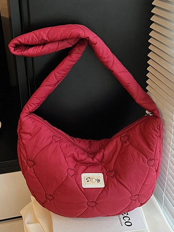 Borsa a Spalla Puffer con Motivo a Cuore Trapuntato da Donna Nylon Grande Capacità Hobo Borsa a Tracolla con Tracolla Larga