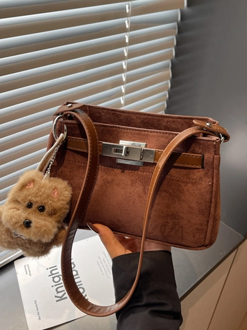 Borsa a Spalla Quadrata da Donna in PU Aspetto Scamosciato Urban Minimalist Borsa a Mano Retrò Con Ciondolo a Cane in Peluche
