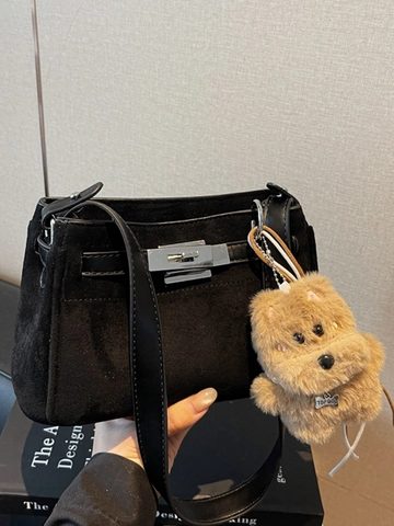 Borsa a Spalla Quadrata da Donna in PU Aspetto Scamosciato Urban Minimalist Borsa a Mano Retrò Con Ciondolo a Cane in Peluche