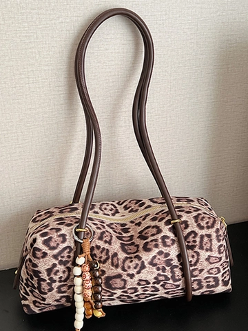 Borsa a Spalla in Scamosciato con Stampa Leopardata Vintage per Donna Borsa Sottobraccio Retrò con Pendaglio di Perline