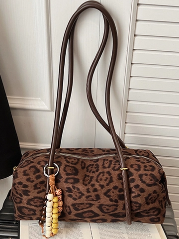 Borsa a Spalla in Scamosciato con Stampa Leopardata Vintage per Donna Borsa Sottobraccio Retrò con Pendaglio di Perline