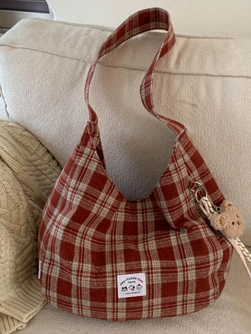 Sac à Épaule en Toile à Carreaux pour Femmes Sac Fourre-tout Vintage Coréen Grande Capacité Trajet Sac Croissant Avec Pendentif Ours