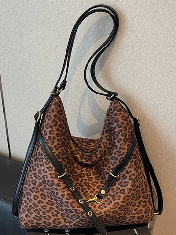 Luipaardprint Suède Schoudertas Grote Capaciteit Hobo Tas Voor Vrouwen Stedelijk Minimalistisch Woon-Werkverkeer Tote Bag Verstelbare Riem Handtas