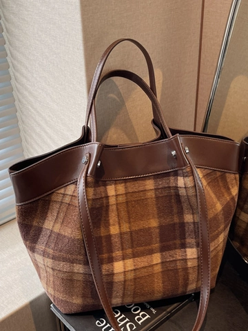 Women Retro Leopard Plaid Large Capacity Tote Bag Suede Splicing Faux Leather Shoulder Bag Slouchy Casual Commuting Handbag