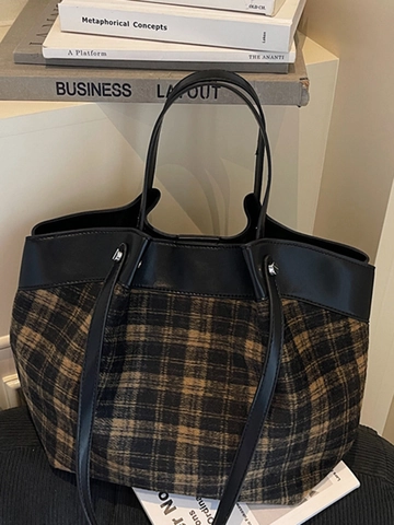Women Retro Leopard Plaid Large Capacity Tote Bag Suede Splicing Faux Leather Shoulder Bag Slouchy Casual Commuting Handbag