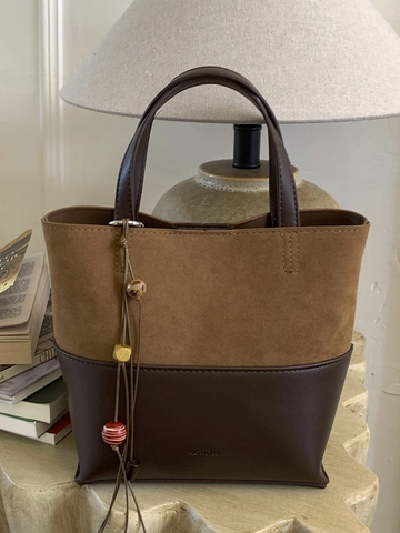 Vintage Dames Emmer Tas PU Suède Stiksels Retro Kleurblok Schoudertas Met Houten Kralen Kwastje Handtas Tote Tas